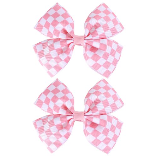 Racing Checkered Flag Hair Bow Clips 4'' Pink White Buffalo Plaid Printed Grosgrain Ribbon Pigtail Bowknot Barrettes Alligator Hairpins for Girls Women Race Fans Birthday Gift