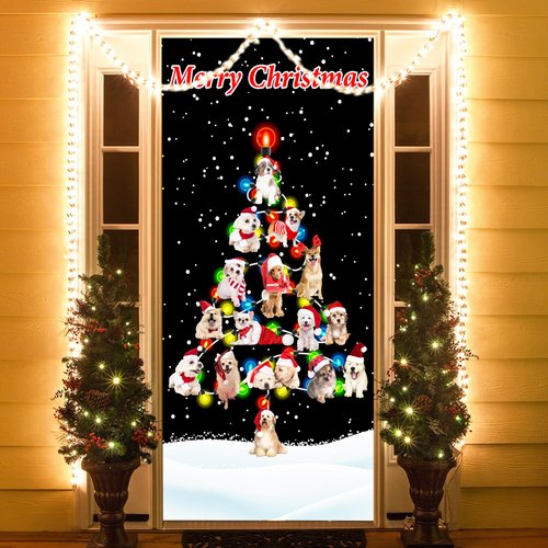 Christmas Door Cover Decoration,Cute Dogs Christmas Front Door Cover Banner Decor,Fabric Xmas Holiday Party Decorations Supplies Christmas Door Hanging Banner Indoor Outdoor 72.8x35.4 Inch