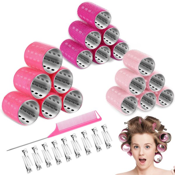 37 Pcs Aluminum Thermal Hair Rollers Set 3 Sizes Self Grip Hair Rollers 18 Pcs Duckbill Hair Clips, Comb Hairdressing Styling Tool, Random Color for Women, Men (Pink Series, 0.98'', 1.42'', 1.8'')