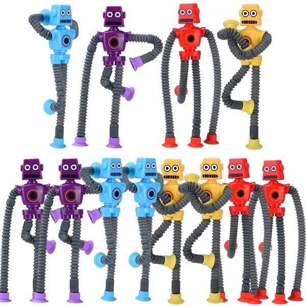 Bendable Robot Figures Toys 12 Pack Stretchy Telescopic Suction Cup Robots, Shape Changing Fidget Pop Tubes Sensory Toys for Girls and Boys Party Favors Christmas Xmas (12 Packs)