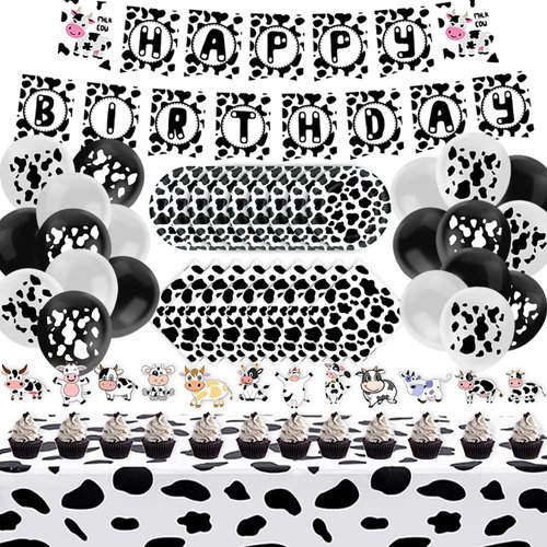 N-2 Cow Print Birthday Party Supplies for 20 Guests Happy Banner Plates Napkins Tablecloth Balloons Cupcake Toppers Kids Girls Boys Decorations (Buey-P-COW)
