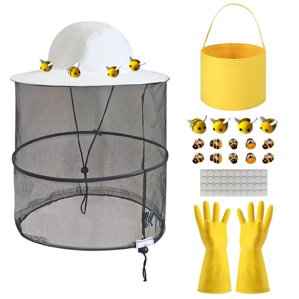 58Pcs Beekeeper Set Including 1Pc Bee Hat, 4Pcs Wool Felt Bee,20pcs Small Wooden Bee,40Pcs Double Side Tape Yellow Beekeeping Gloves and Felt Bucket for Men Women Beekeeping Supplies Halloween Costume