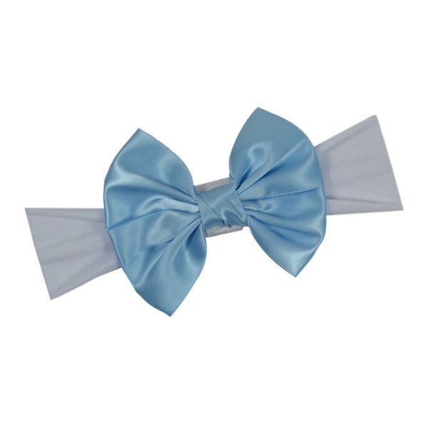 Satin Bow Baby Headband By Funny Girl Designs - Fits Newborn to 6 Months (Sky Blue Bow with White Band)