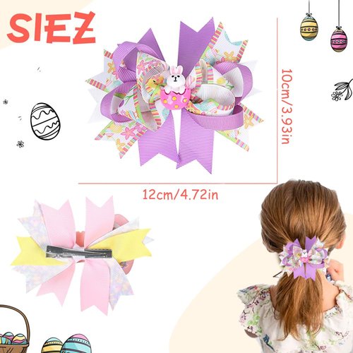 Easter Day Hair Bow Clips Bunny Grosgrain Ribbon Alligator Clip Yellow Purple Hair Barrette Hairpin Set with Bunny Rabbit Chick Easter Egg Hair Accessories Toddler Bow Clips Easter Gift Decoration