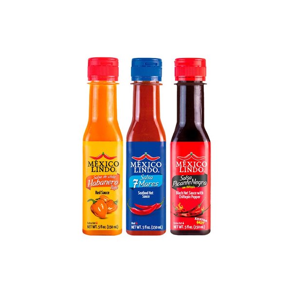 Mexico Lindo Tripack Best Flavors | Habanero Red Hot Sauce, 7 Mares Hot Sauce & Picante Negra Xxxtra Hot Sauce | 5 Fl Oz Bottles (Pack of 3)