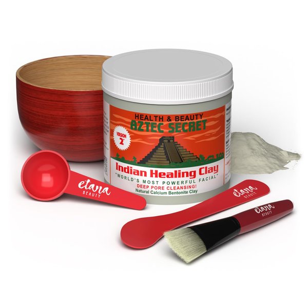 Aztec Secret Essential Indian Clay Mask Kit by Etana – 100% Natural Calcium Bentonite for Deep Pore Cleansing - Facial, Hair & Body Detox Set Wtih Accessories