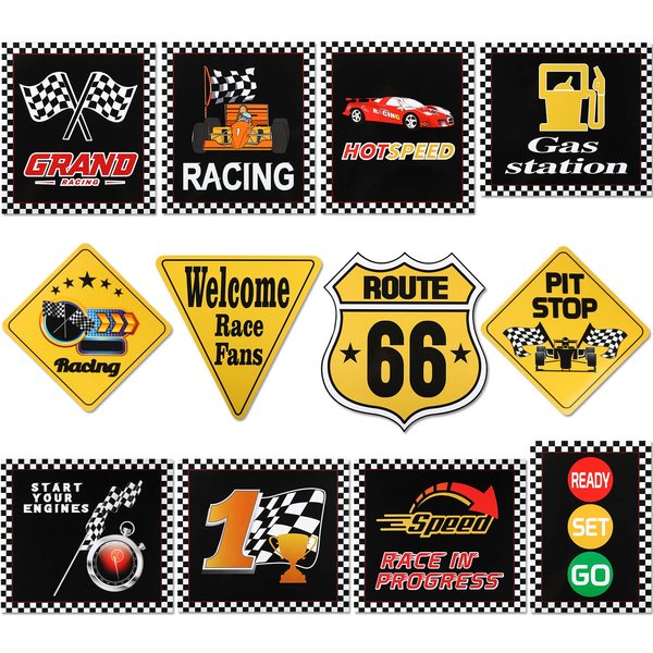 12 Pieces Race Car Party Decorations Funny Race Car Signs Racing Party Signs Cutouts Let's Go Racing Party Supplies for Race Fans Birthday Party