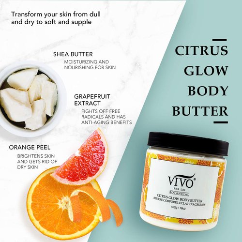 VIVO Per Lei Vitamin C Body Butter - Hydrating Body Cream with Shea Butter - Anti-Aging Body Butter Cream For Smooth, Soft Skin - Non-Greasy Cream with Citrus Peel - 452g / 16 oz