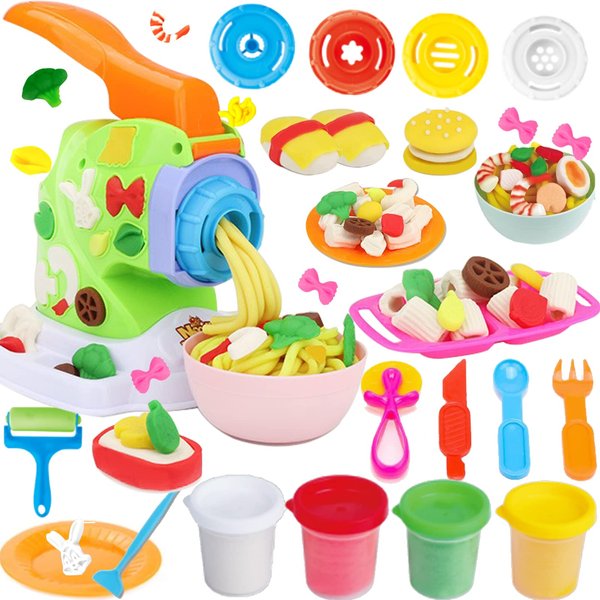 GOVOY Play Color Dough Spaghetti Maker Noodle Set Kitchen Creations Pasta Maker Machine Pretend Chef Toy Modeling Clay Dough Tools for Kids Christmas Birthday Gift 19Pcs