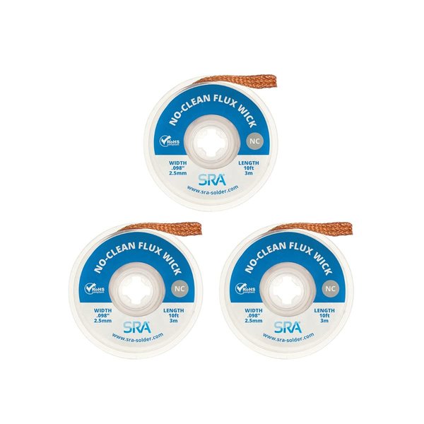 SRA Soldering Wick with Flat Woven Copper Desoldering Braid Strip and No Clean Flux for Easy Damage-Free Solder Removal - 3 Pack 10 Foot Solder Wick Spool