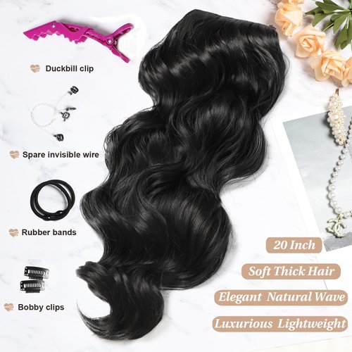 SilkStrands Invisible Wire Hair Extensions 20 Inch Secret Halo Hair Extensions with Adjustable 4 Clips Soft Transparent Lace Black Halo Hair Extensions Natural Long Wavy Hair Extensions for Women