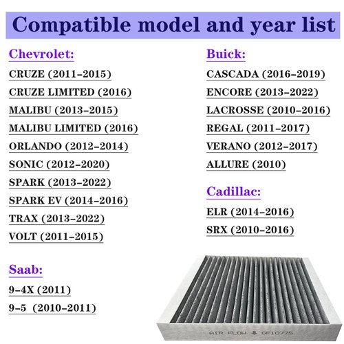 GF10775 Cabin Air Filter for Cruze 2011-15, Malibu 2013-15, Sonic 2012-20, Spark, Trax, Encore 2013-22, Cascada 2016-19, Regal 2011-17, Verano 2012-17, LaCrosse 2010-16, Orlando 2012-14, Volt 2011-15