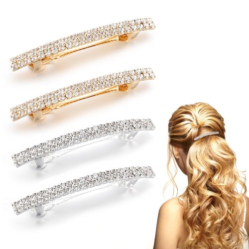 Hair Barrettes for Women, 4 Pcs Sparkly Rhinestone Bling Hair Clips, Hair Jewels, Small Hair Clip, Crystal Hair Clip, Ponytail Holder Side Clips, Rhinestone Hair Accessories(2Gold, 2Silver)