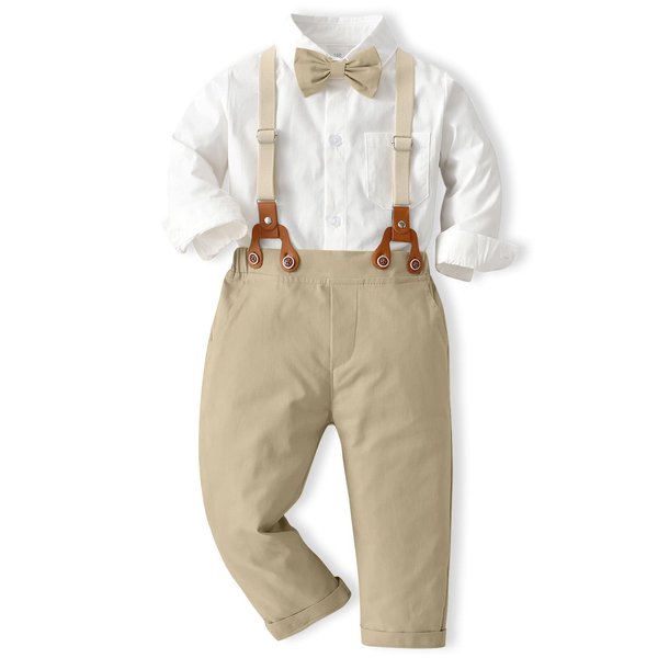 ALINTU Toddler Dress Clothes, Long Sleeve Dress Shirt + Suspender Pants Set, Gentleman Outfits for Boys, Khaki, 2-3T = Tag 100