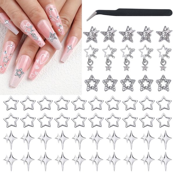 56PCS Star Nail Charms for Acrylic Nails, 5 Styles 3D Silver Stars Alloy Nail Rhinestones, Crystal Pentagram Nail Gems, Nail Jewels for Nail Art Supplies Manicure Craft DIY, with tweezers