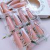 White French Tip Press on Nails Long Square - Heart Shaped Rhinestone Design Extra Long Square Fake Nails Press ons,24 Pcs Full Cover Acrylic Nails Walnut Color Glue on Nails for Women