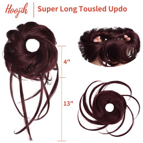 HOOJIH Messy Bun Hair Piece, Super Long Tousled Updo Hair Bun Extensions Wavy Hair Wrap Ponytail Hairpieces Hair Scrunchies with Elastic Hair Band for Women HB007 Grace - Wine Red
