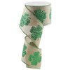 Glitter Clovers Natural Wired Ribbon - 2 1/2" x 10 Yards, St. Patrick's Day, Earth Day, Kiss Me I'm Irish, Gift Wrapping, Wreath, Swag, Garland, Shamrock, Lucky, 4 Leaf Clover