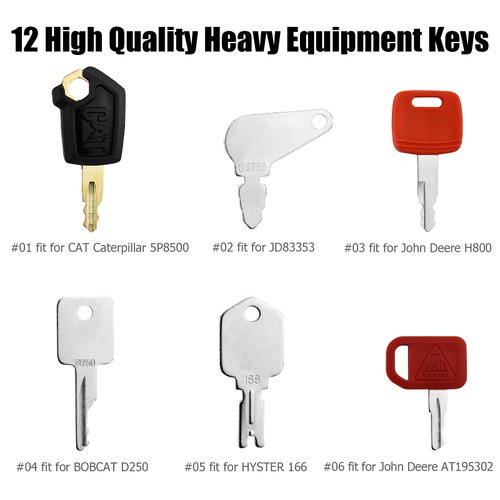 12 Heavy Equipment Keys, Construction Key Master Set for Cat Caterpillar Case JD John Deere Hyster Komatsu Takeuchi Lucas Ford New Holland Keys Heavy Equipment