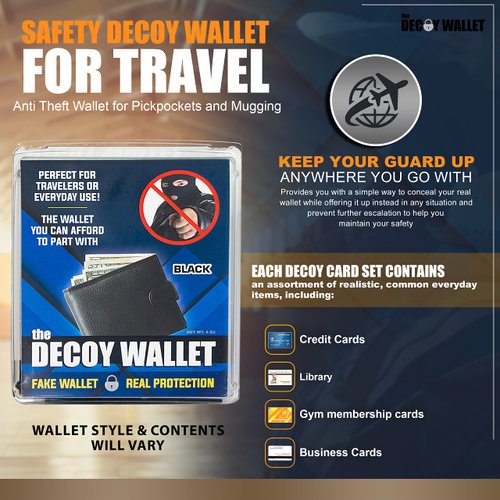 Decoy Wallet – Unique Fake Wallet with Fake Credit Cards – Realistic Anti-Pickpocket Wallet for Safety – Practical Document Travel Wallet with 6 Unisex Faux Cards (Styles Vary)