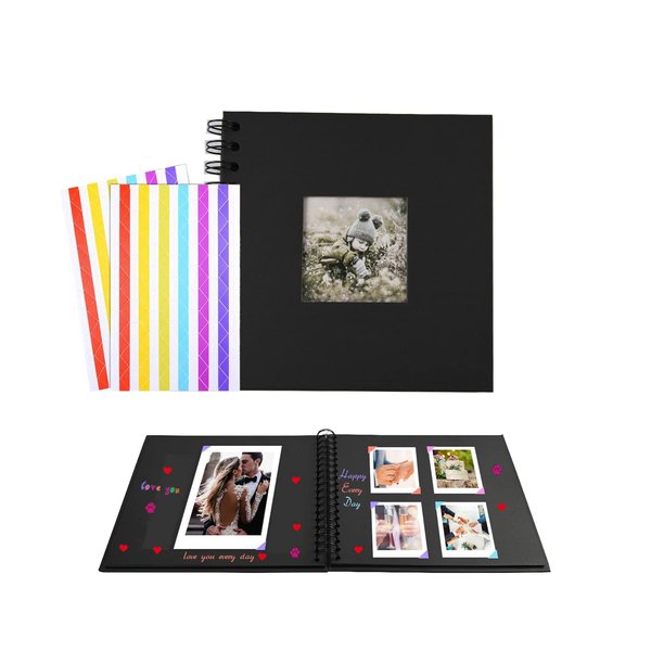 Scrapbook Photo Album Black Paper Pages DIY Scrapbook Album Black Sheet Pages Wedding Anniversary Baby Family Memory Gift 7x7 Inches Black Scrapbook with 2pcs Stickers