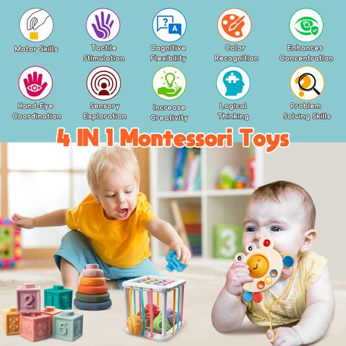 Wuzhineisn Montessori Baby Toys for Ages 6-18 Months - Pull String Teether, Stacking Blocks, Sensory Shapes Storage Bin, Infant Bath Time Fun, 4 in 1 Toddlers Toy Gifts for 1 2 3 Year Old Boys Girls