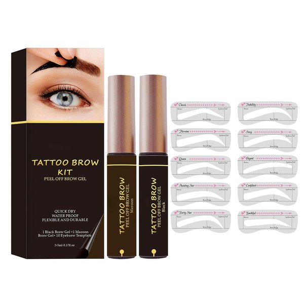 Reddhoon 2 Pcs Peel Off Tattoo Eyebrow Gel, 2 Colors Natural Tint Eye-brow Gel with Eyebrow Template, Long-Lasting Waterproof Quick Drying Eyebrow Tattoo Peel Off Brow Makeup, Black + Maroon