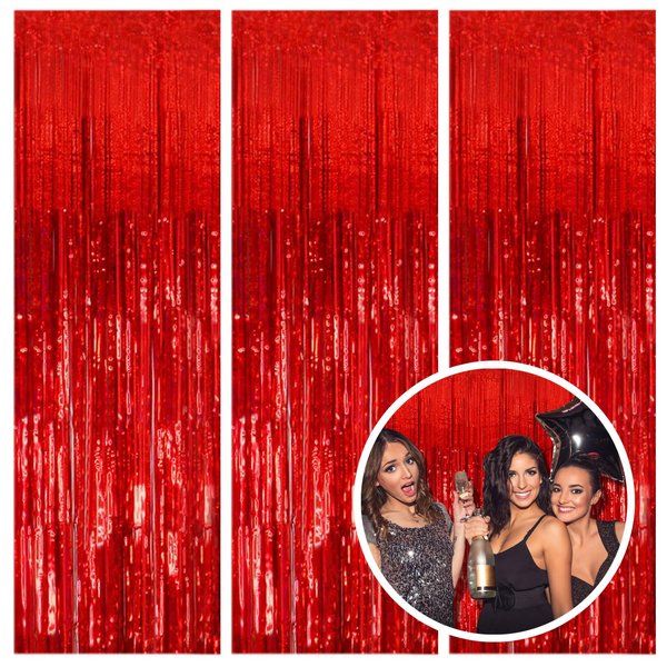 3 Pack Red Party Backdrop Tinsel Streamers Christmas Decorations Foil Fringe Backdrop Curtains Carnival Casino Theme Birthday New Year Holiday Celebration Bachelorette Party Decorations Supplies