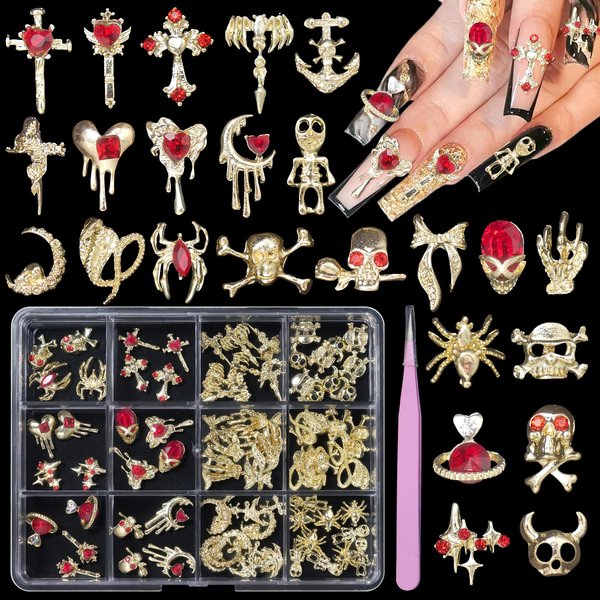 UOTEY 84 PCS 24Styles Gold Halloween Nail Charms, 3D Alloy Spider Skull Hand Halloween Nail Art Charms, Bow Tie Moon Cross Red Nail Gems Charms with Rhinestones DIY Nail Accessories