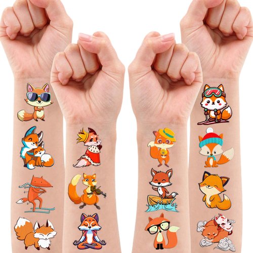 100PCS Fox Temporary Tattoos Stickers Theme Woodland Animals Birthday Party Decorations Favors Supplies Cute Farm Forest Foxes Fall Tattoo Sticker Gifts For Boys Girls School Prizes Carnival Christmas