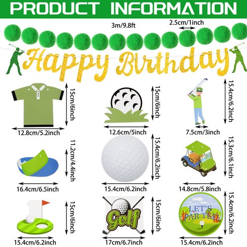 Colarr 5 Pcs Golf Birthday Party Decorations Include Happy Birthday Golf Banner, Golf Birthday Banner, White Golf Ball Banner and Green Pom Pom Garland for Kids Boys Men Golf Party Decorations