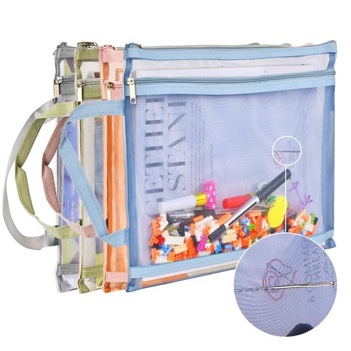 EMOOULI 4Pcs Colored Mesh Zipper Pouch Bags, Double-Layer Nylon Puzzle Storage, Organization Solution for Toys, Games, and More(4Pcs A4)