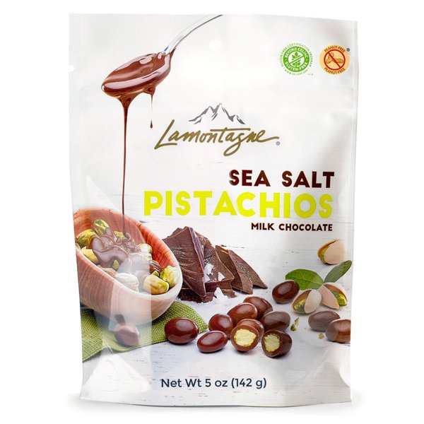 Lamontagne Milk Chocolate & Sea Salt Pistachios, pack of 3 bags - Gluten-free, Peanut-free and Palm Oil-Free Snack