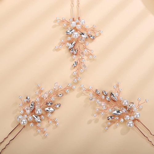 Rumtock 3pcs Crystal Rose Gold Hair Pins Long Side Hair Piece for Wedding Brides Bridesmaid Boho Hair Accessories for Prom (Rose Gold)