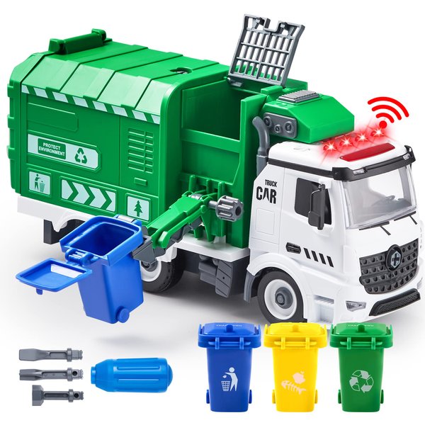 JOYIN Garbage Truck Toy, Boys & Girls Gifts, Kids DIY Assembly Friction Powered Side-Dump Garbage Toy with Light and Sounds, 3 Trash Cans, 3 Replaceable Screwdrivers, Age 1 2 3 4 5