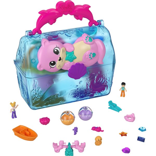 Polly Pocket Playset, Animal Toy with 2 Dolls, Surprise Accessories & Water Play, Sparkle Cove Adventure Treasure Chest