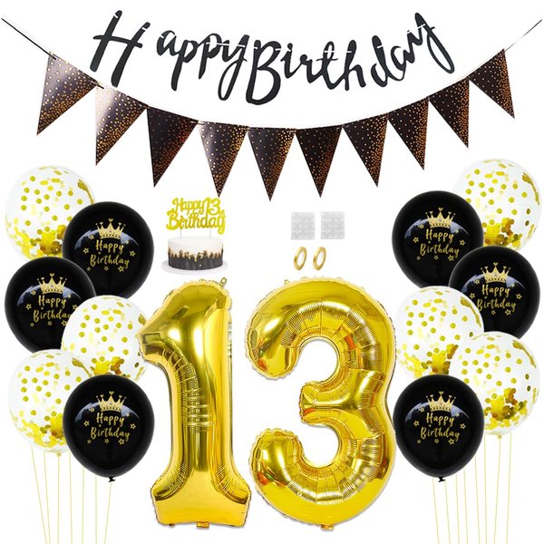 Daimay 13rd Birthday Party Decorations Gold Black Happy Birthday Latex Confetti Balloons Triangle Flag Banner Number 13 Foil Balloon Cake Topper for Men Women Anniversary Birthday Party Supplies