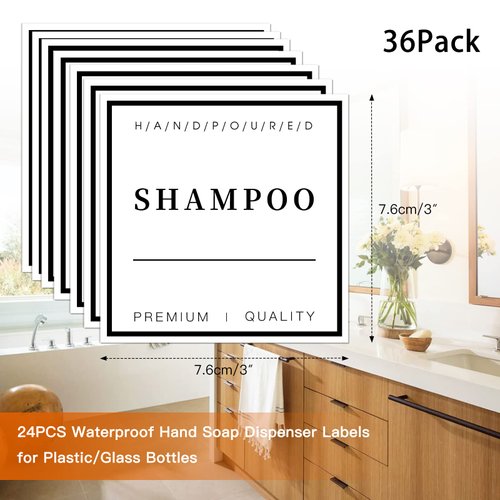 36 PCS Waterproof Labels for Bottles, Bathroom Hand Soap Dispenser Label Stickers, Removable Cleaning Labels for Soap, Lotion, Shampoo and Conditioner (3 x 3 Inch)