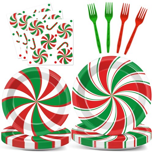 96 Pcs Christmas Peppermint Candy Party Plates Napkins Tableware Set Candy Mint Party Supplies Disposable Dinnerware Red and Green Striped Peppermint Decoration Favors for Holiday Xmas, 24 Guests