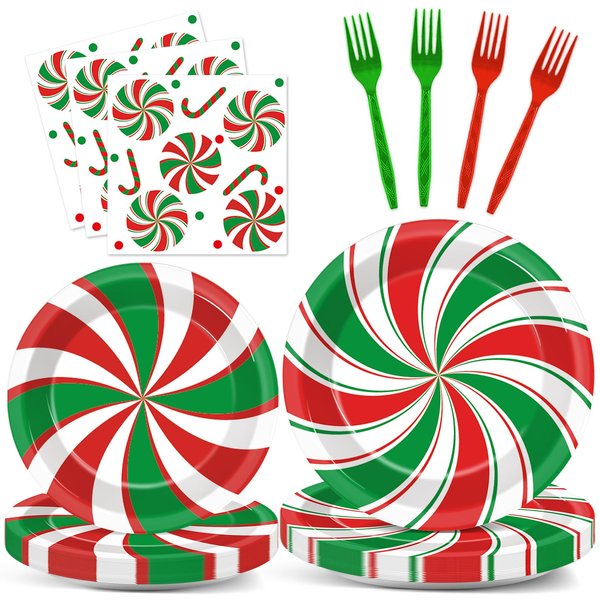96 Pcs Christmas Peppermint Candy Party Plates Napkins Tableware Set Candy Mint Party Supplies Disposable Dinnerware Red and Green Striped Peppermint Decoration Favors for Holiday Xmas, 24 Guests