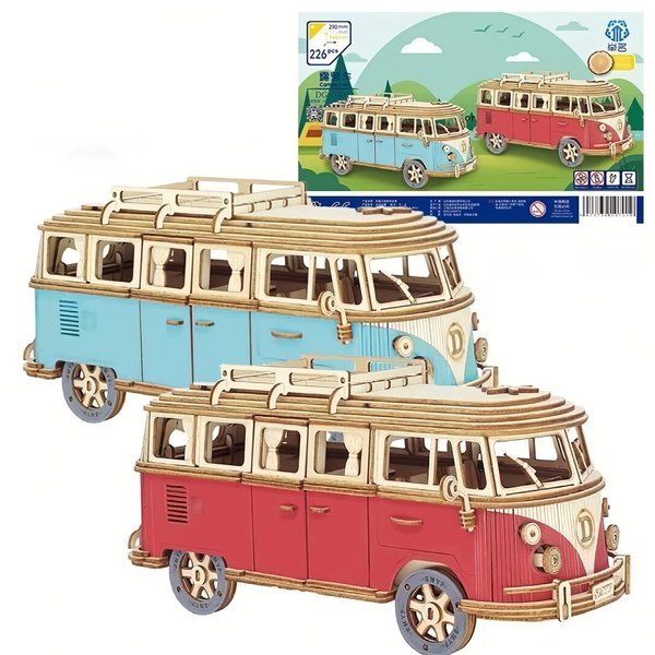 MinMuYuan 3D Camping Car Wooden Puzzle Model Toy Car Children's Creative Education Toy Home Decoration DIY Assembly Car Model (RED)