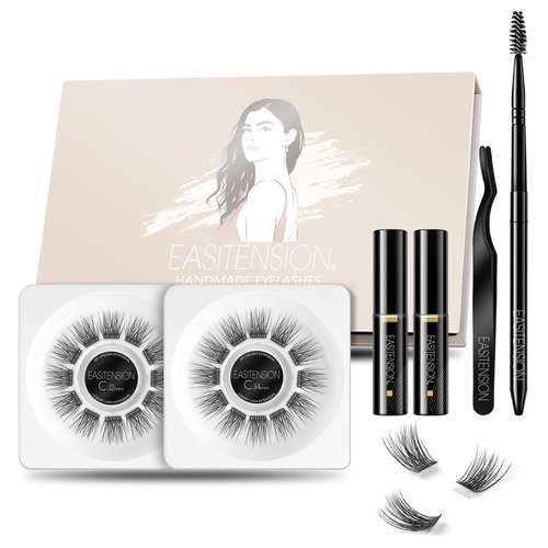 EASITENSION DIY Eyelash Extension, 3D Effect Glue Bonded Band Cluster Lashes Individual Lash Clusters Volume Lashes Set, At Home Eyelash Extension, C curl Lashes Pack 12mm,14mm (KIT)