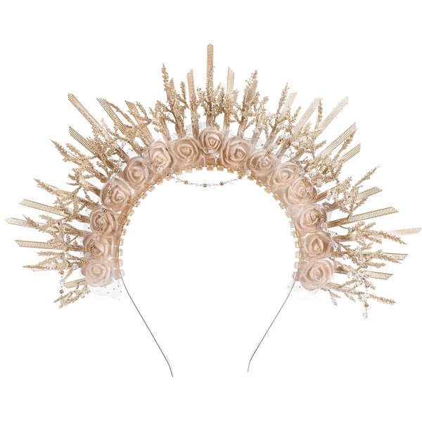 COSUCOS Renfaire Rose Halo Crown - Vintage Virgin Mary Sun Goddess Headpiece Fantasy Spiked Gold Floral Headband Fantasy Fairy Crown for Women Renaissance Cosplay Costume Halloween