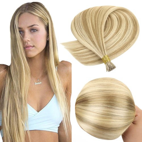 GOO GOO I Tip Hair Extensions Real Human Hair, 22inch 50g 50S, Cold Fusion I Tip Hair Extensions, Invisible Remy Hair Extensions, 16/22 Light Blonde Highlighted Golden Blonde