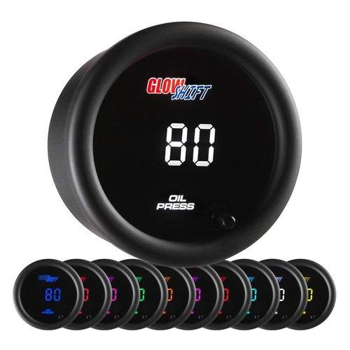 GlowShift 10 Color Digital 145 PSI Oil Pressure Gauge Kit - Includes 1/8-27 NPT Electronic Sensor & Wiring - Multi-Color LED Display - Tinted Lens - for Car & Truck - 2-1/16" (52mm)