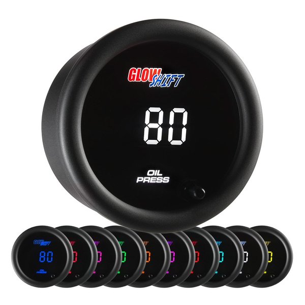 GlowShift 10 Color Digital 145 PSI Oil Pressure Gauge Kit - Includes 1/8-27 NPT Electronic Sensor & Wiring - Multi-Color LED Display - Tinted Lens - for Car & Truck - 2-1/16" (52mm)