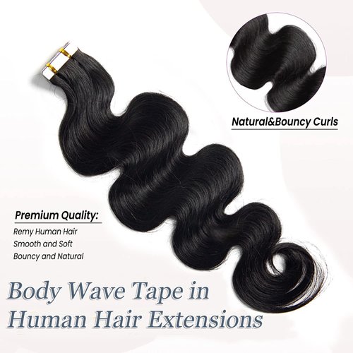 Body Wave Tape in Hair Extensions 16 Inch Natural Black Remy Human Hair Real Seamless Skin Weft Invisible PU Tape in Hair Extensions Curly Wave Double Sided Tape Hair for Women 20pcs 50g