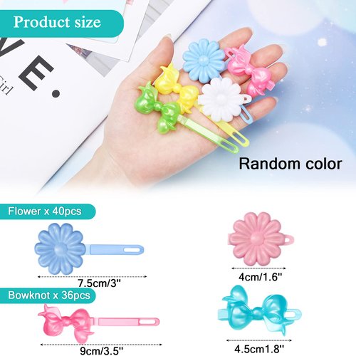 76 Pieces Self Hinge Plastic Hair Barrettes for Girls Multi-coloured Flower and Bowknot Hair Clips Cute Hair Barrettes 80s 90s Hair Clips Cartoon Design Hairpins Hair Accessories (Flower, Bowknot)