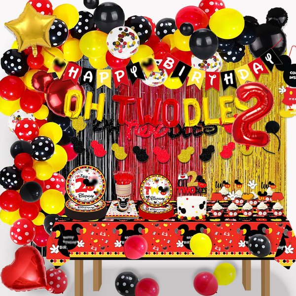 231 Pcs Red Cartoon 2nd Birthday Party Decorations - Twodles Plates Cups Tablecloth Cake Topper Banner Finger Curtains Balloons Arch Kit for Kids Boy 2nd Birthday Party Supplies