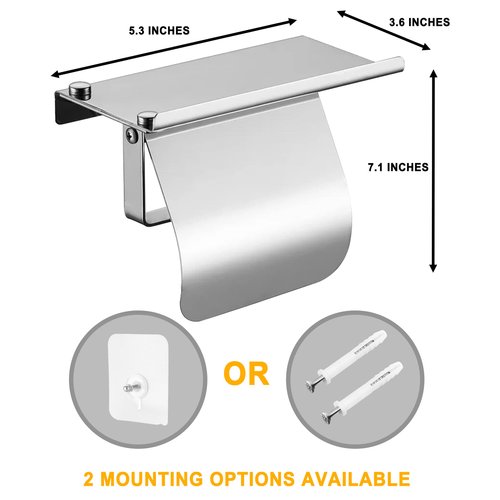 YEAVS Toilet Paper Holder with Phone Shelf and Waterproof Cover, SUS 304 Stainless Steel Tissue Roll Storage Rack (Polished Chrome)